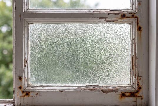 Close-up view of an old, weathered window frame with peeling white paint and rusty metal brackets