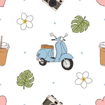 Retro blue scooter seamless pattern with iced coffee monstera and camera