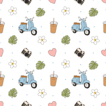 Retro blue scooter seamless pattern with iced coffee monstera and camera