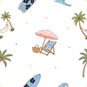 Tropical beach lounge seamless pattern with palm trees hammock and surfboard