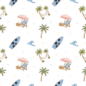 Tropical beach lounge seamless pattern with palm trees hammock and surfboard