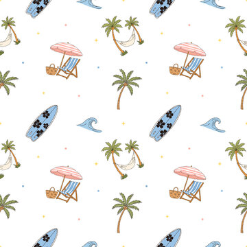 Tropical beach lounge seamless pattern with palm trees hammock and surfboard