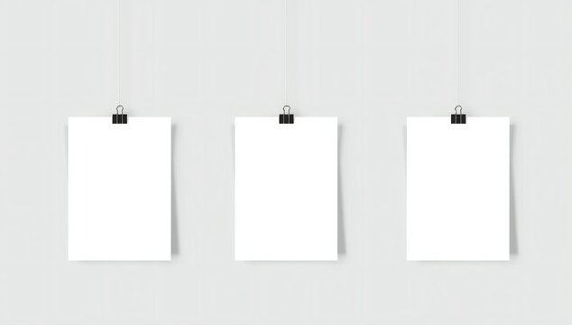 Three blank white paper posters hanging on black binder clips for design presentation