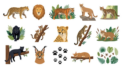 Obraz premium Flat Design Vector Illustration of Wild Big Cats and Lynx