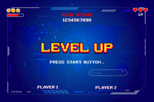 LEVEL UP icon, pixel art 8 bit. Retro Futurism Sci-Fi Background. glowing neon grid and stars from vintage arcade computer games