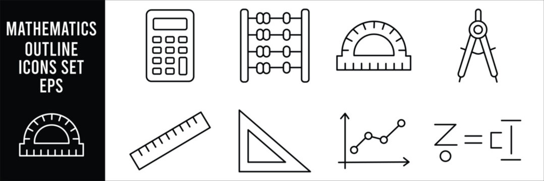 Mathematics outline icon set featuring calculator abacus protractor compass ruler triangle graph and equation symbols for education geometry algebra arithmetic learning school studies subjects concept