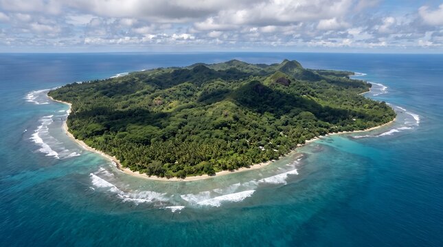 Aerial view of a lush green tropical island surrounded by blue ocean