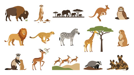 Fototapeta premium Flat Design Wild Animals Vector Set. Diverse Wildlife Characters Collection for Nature and Education