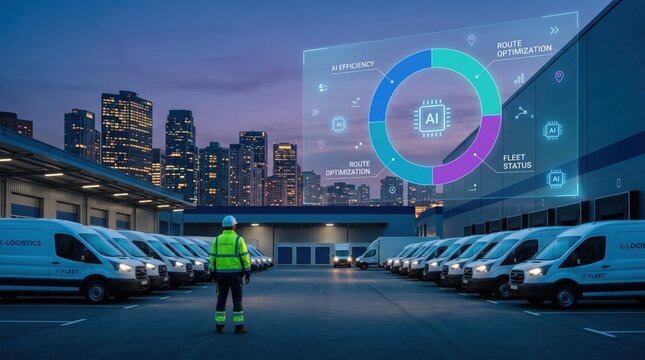 Logistics manager overseeing fleet of delivery vans in warehouse yard with augmented reality AI dashboard showing route optimization and efficiency stats, representing smart