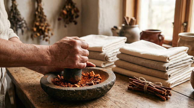 Grinding dried madder root with stone mortar and pestle on wooden table with linen fabric and tied sticks in rustic room