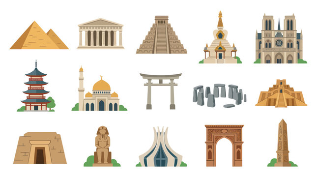 Iconic World Landmarks Flat Vector Illustration Set for Travel, Tourism, History, and Global Architecture