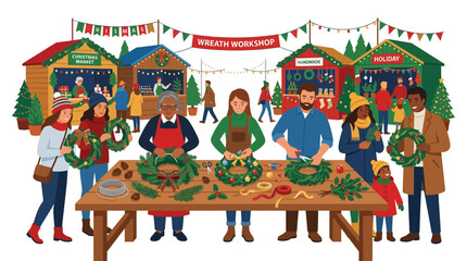 Naklejka premium Christmas Wreath Workshop at Festive Outdoor Market with Diverse People Crafting