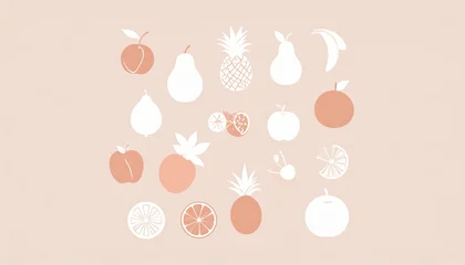 Minimalist pastel fruit icon set featuring peach, pear, orange, apple, pineapple, banana, and cherry illustrations on a soft pink background © avivmuzi