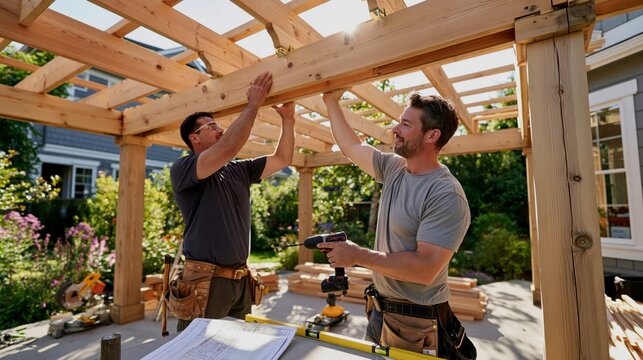Worker Assembling a Wooden Pergola on a Concrete Patio