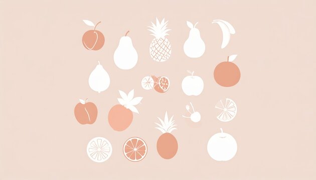 Minimalist pastel fruit icon set featuring peach, pear, orange, apple, pineapple, banana, and cherry illustrations on a soft pink background