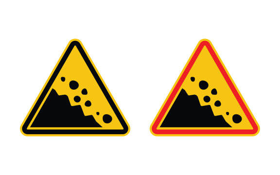 Rockfall Warning Sign Icon Set. Falling Stones Hazard Symbols for Road Safety Design vector illustration.