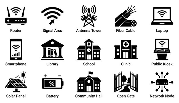 Set of fifteen black and white communication technology and public infrastructure icons for digital network design projects