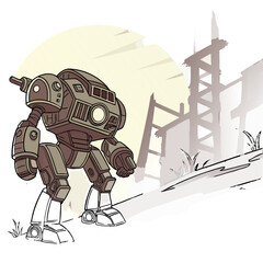 Fototapeta premium Sci-fi illustration of a combat mech robot in ruins