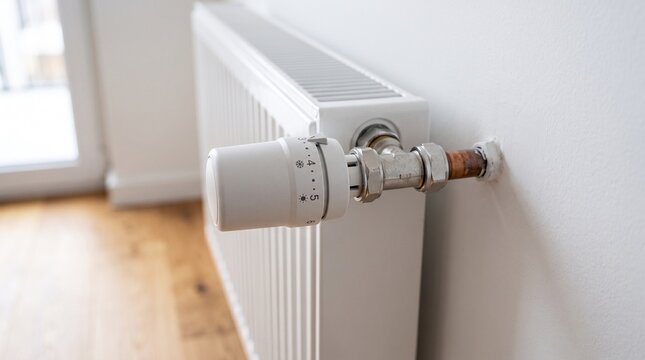 White heating radiator with adjustable thermostatic valve mounted on apartment wall indoors, radiator