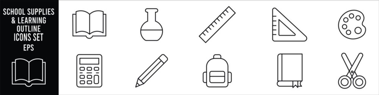 School supplies outline icon set featuring books ruler triangle calculator pencil backpack notebook scissors flask and artist palette symbols for education stationery learning and classroom