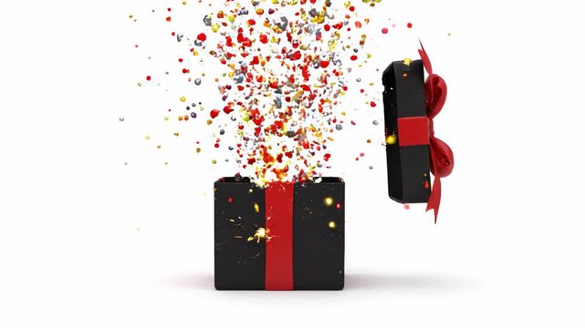 A black gift box with a red ribbon opens, revealing a vibrant explosion of colorful confetti and sparkling glitter.