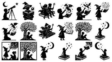 Fototapeta premium Children's Education Fantasy Reading: Black and White Silhouette Glyph Art of Kids with Books and Magic