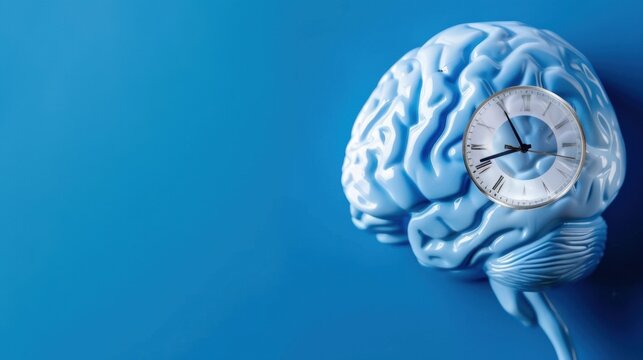 Blue Brain Model with Clock on Blue Background Representing Time and Creativity Concept in Modern Design