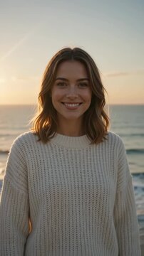 Beautiful Young Caucasian Woman Turning and Smiling on Coastal Cliff at Sunset. Vertical video