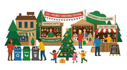 Naklejka premium Eco-friendly Christmas festival with stalls, crafts, food, and recycling