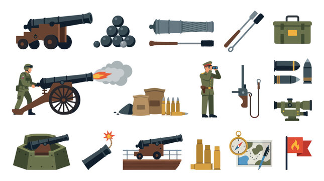 Flat Vector Set of Military Cannons, Ammunition, and Soldier Gear