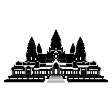 Angkor Wat vector silhouette displays ancient Cambodian temple architecture in black graphic style.