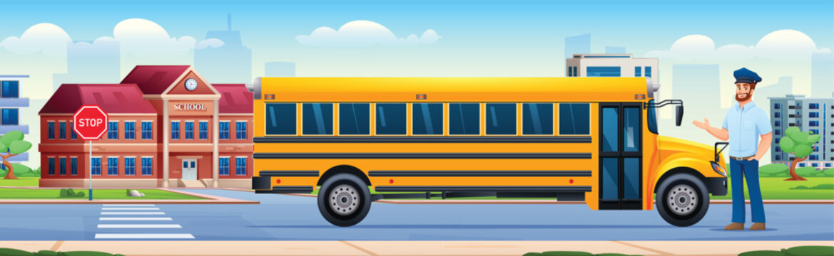Driver standing near yellow school bus with school building and city background. Vector cartoon illustration