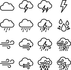 Fototapeta premium Weather icons depict clouds lightning rain and wind in a line style
