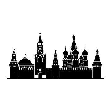 Moscow Kremlin and Saint Basil's Cathedral silhouette depicted in a clean black graphic design.