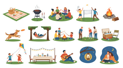 Fototapeta premium Flat Vector Illustrations of Summer Outdoor Recreation Activities: Picnic, BBQ, Camping, Games Leisure