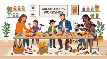 Fototapeta premium Family Wreath Making Workshop: Autumn Halloween Crafting Fun