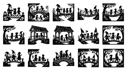Fototapeta premium Whimsical Fairy Tale Silhouettes: Gnomes, Children Friends on Bridges in Forest Scenes. Paper Cut Vector Art.