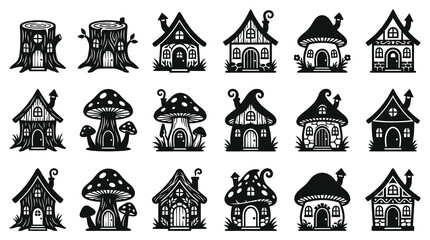 Obraz premium Black and White Line Art Collection of Fairy Houses and Mushroom Homes