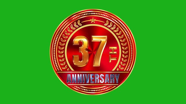 37th anniversary luxury golden badge with reflective red gemstone backdrop and luminous edge flares on green screen 4k video