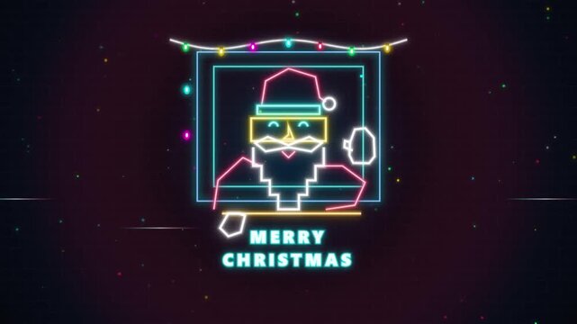 Animated santa claus neon sign blinking in window frame against dark brick background.