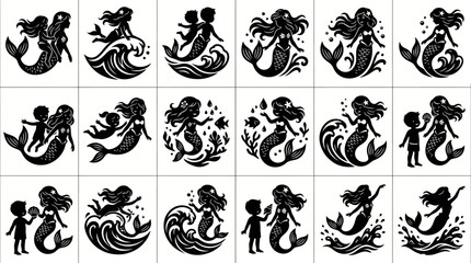 Obraz premium Fantasy Mermaid and Child Black Silhouette Vector Illustrations. Cute Mythical Sea Creatures Collection.