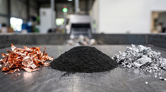 Copper foil black powder silver foil recycling materials industrial process metal scraps factory background close up view