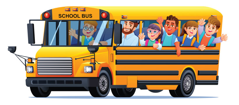Happy school children waving hands inside yellow school bus with friendly driver. Vector cartoon illustration