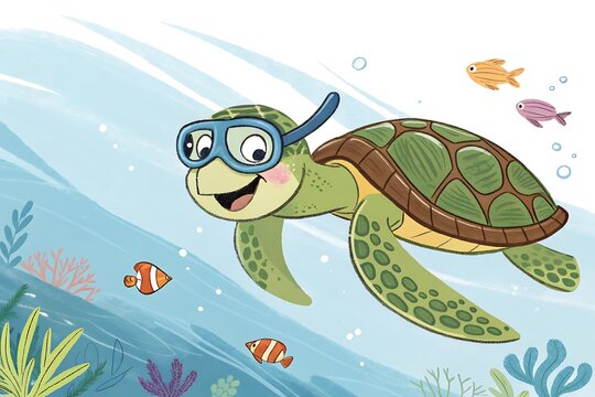 Happy cartoon sea turtle swimming with goggles