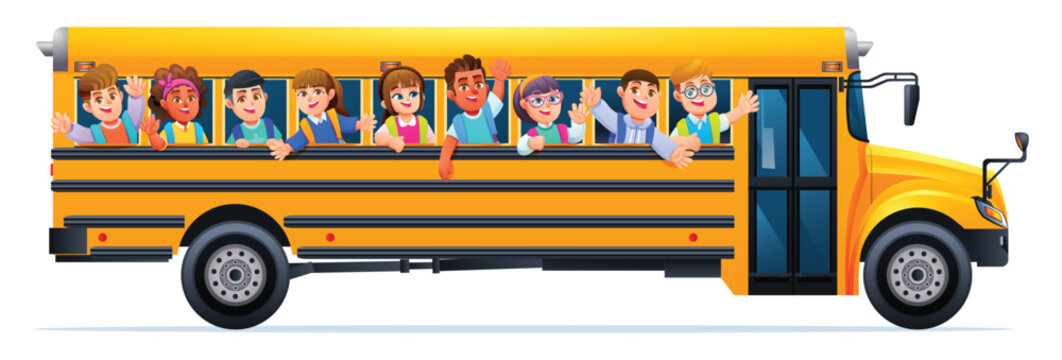 Cheerful students waving out of yellow school bus windows. Vector cartoon illustration