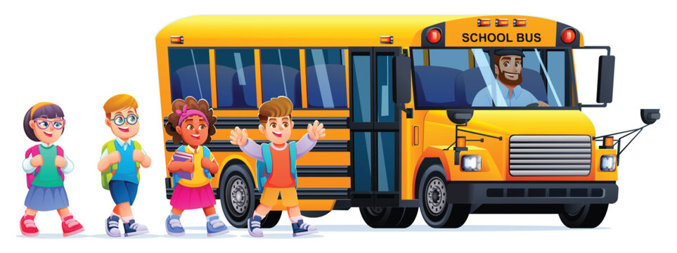 Happy students walking together to board yellow school bus with driver waiting. Vector cartoon illustration