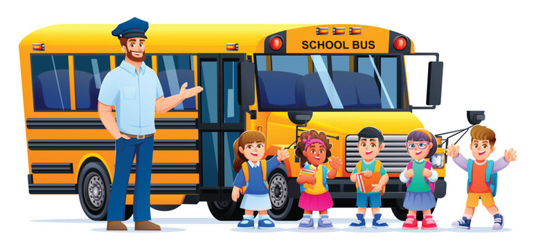 Bus driver presenting happy school children standing together near yellow bus. Vector cartoon illustration