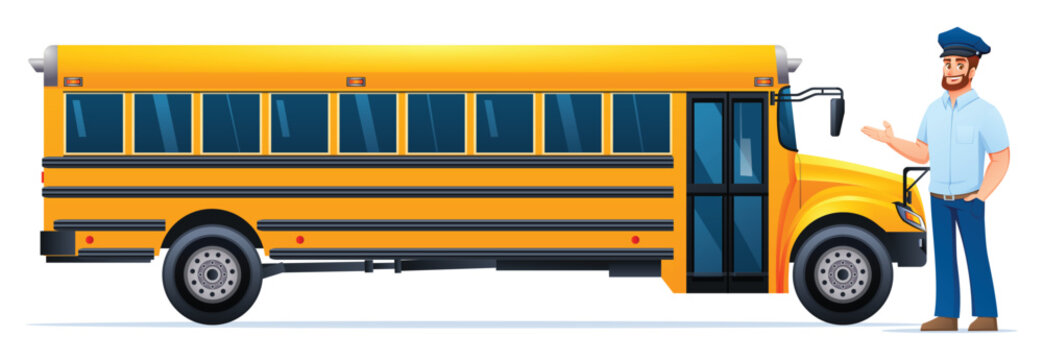 Friendly driver presenting big yellow school bus side view isolated on white. Vector cartoon illustration