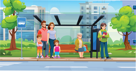 Diverse passengers including a family and senior citizen gather at a glass bus stop shelter. Vector cartoon illustration