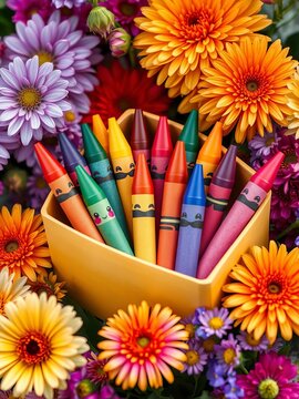 Crayon box with colorful crayons having kawaii faces, surrounded by colorful flowers, crayons, illustration